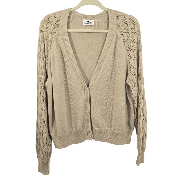 L 27 MILES Pointelle Sleeve Button Up Cardigan In Tan Brown Sz M V Neck Sweater - Picture 1 of 9
